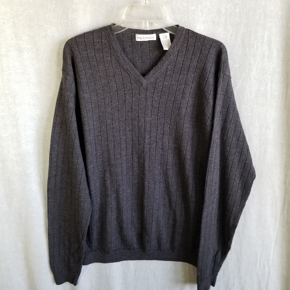Methode Men's 100% Merino Wool Large Gray V Neck Pullover Sweater Made‎ Japan
